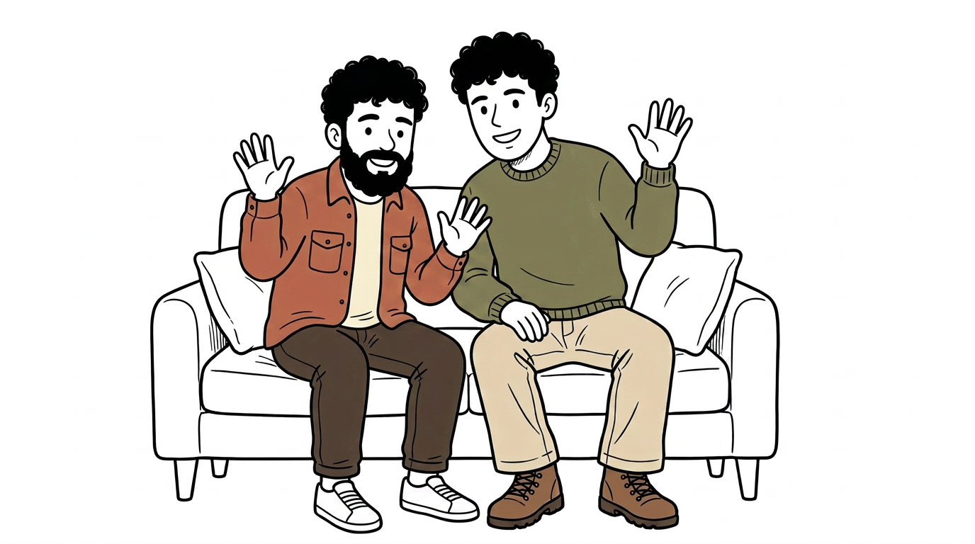 Ilustrație cu Du și Evo pe canapea, salutând